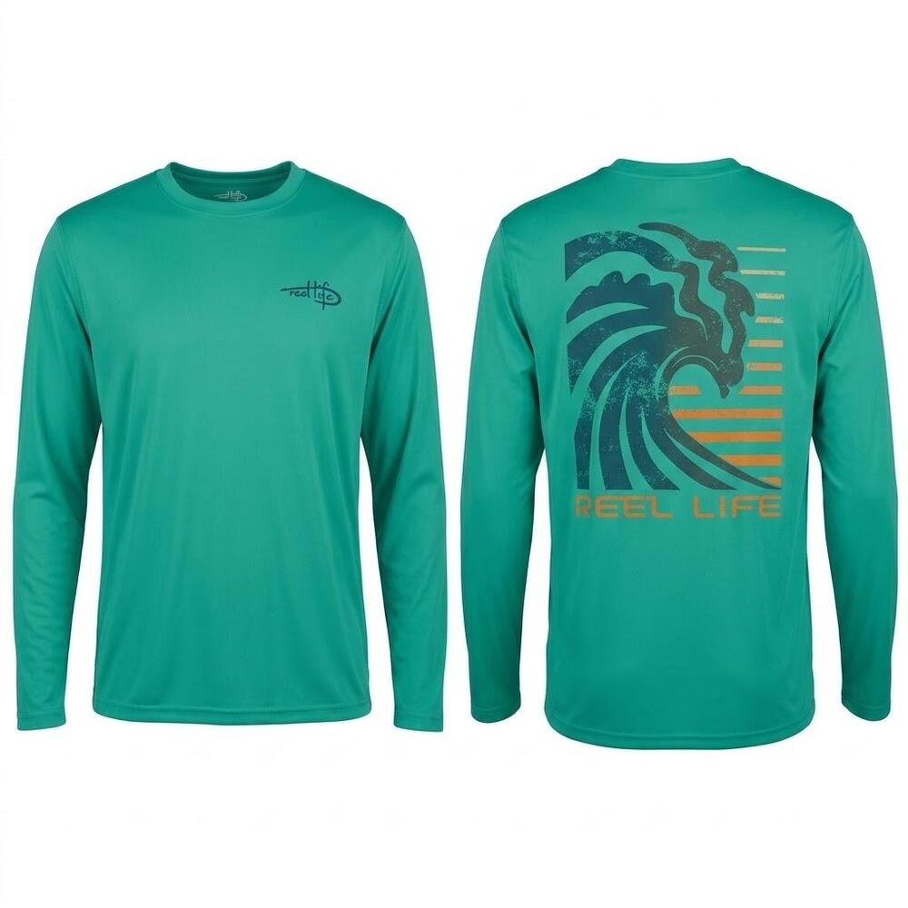 Reel Life Men's Long Sleeve Performance Fishing Shirt Teal Green Wave Graphic